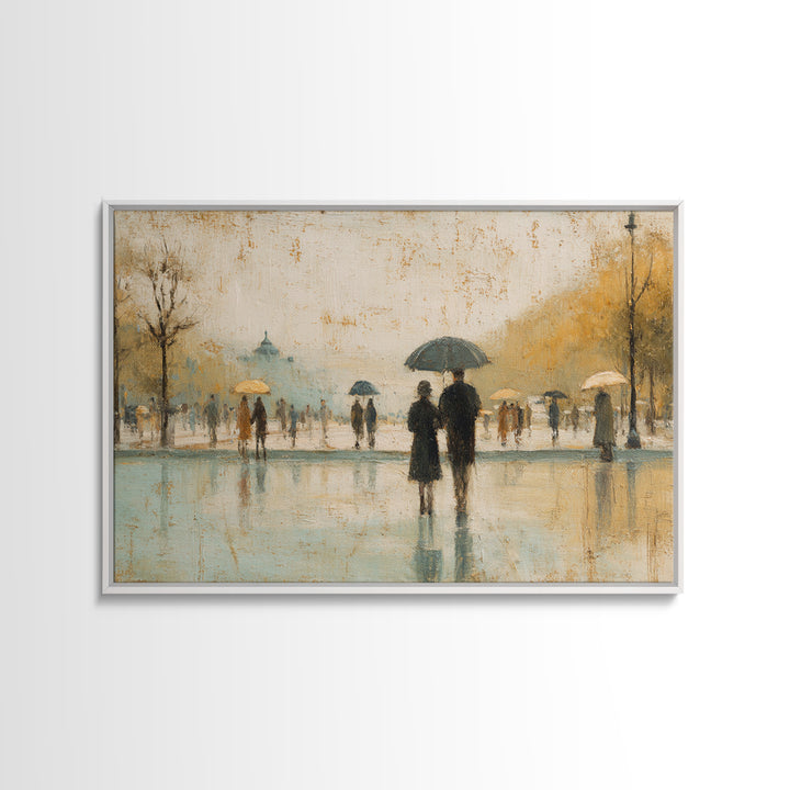 Rainy Boulevard with Umbrella Shapes Framed Canvas Print, Impressionist Art, Luxury Decor, Living Room Decor, Abstract Art, IMP-3x2-97