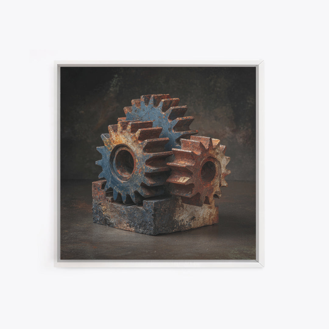 Rusted Gears Arranged as Sculptural Still Life Framed Canvas Print, Industrial Art, Room Decor, Living Room Decor, Foundry, IND-1x1-1