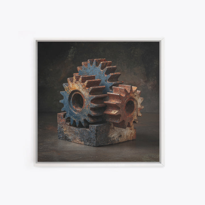 Rusted Gears Arranged as Sculptural Still Life Framed Canvas Print, Industrial Art, Room Decor, Living Room Decor, Foundry, IND-1x1-1