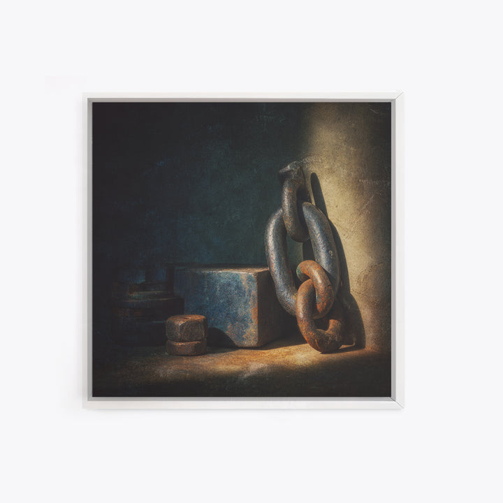 Chain and Hook Still Life Framed Canvas Print, Industrial Art, Printable Art, Living Room Decor, Watercolor Art, Foundry, IND-1x1-16