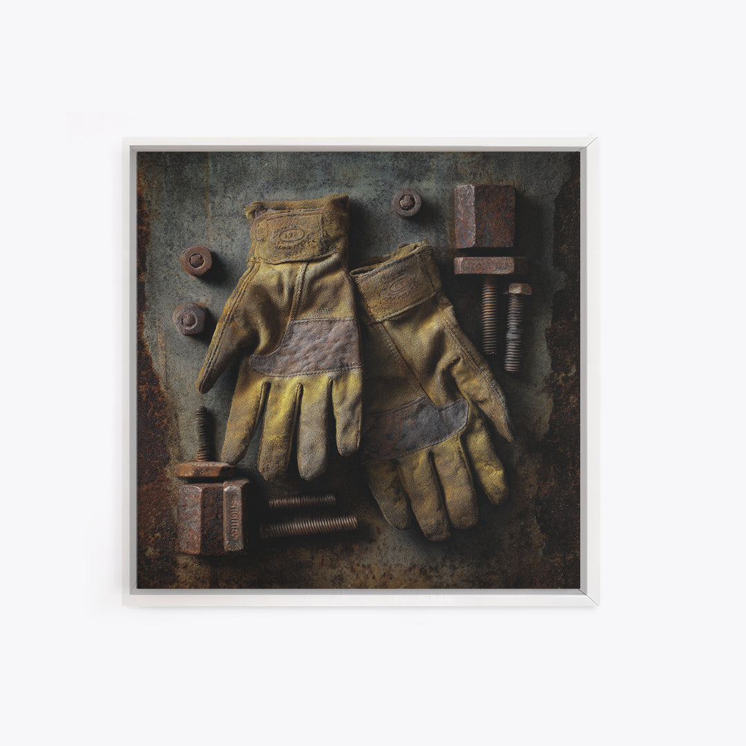 Worn Work Gloves and Bolts Arrangement Canvas Print, Industrial Art, Rustic Home Decor, Living Room Decor, Fine Art, Foundry, IND-1x1-18