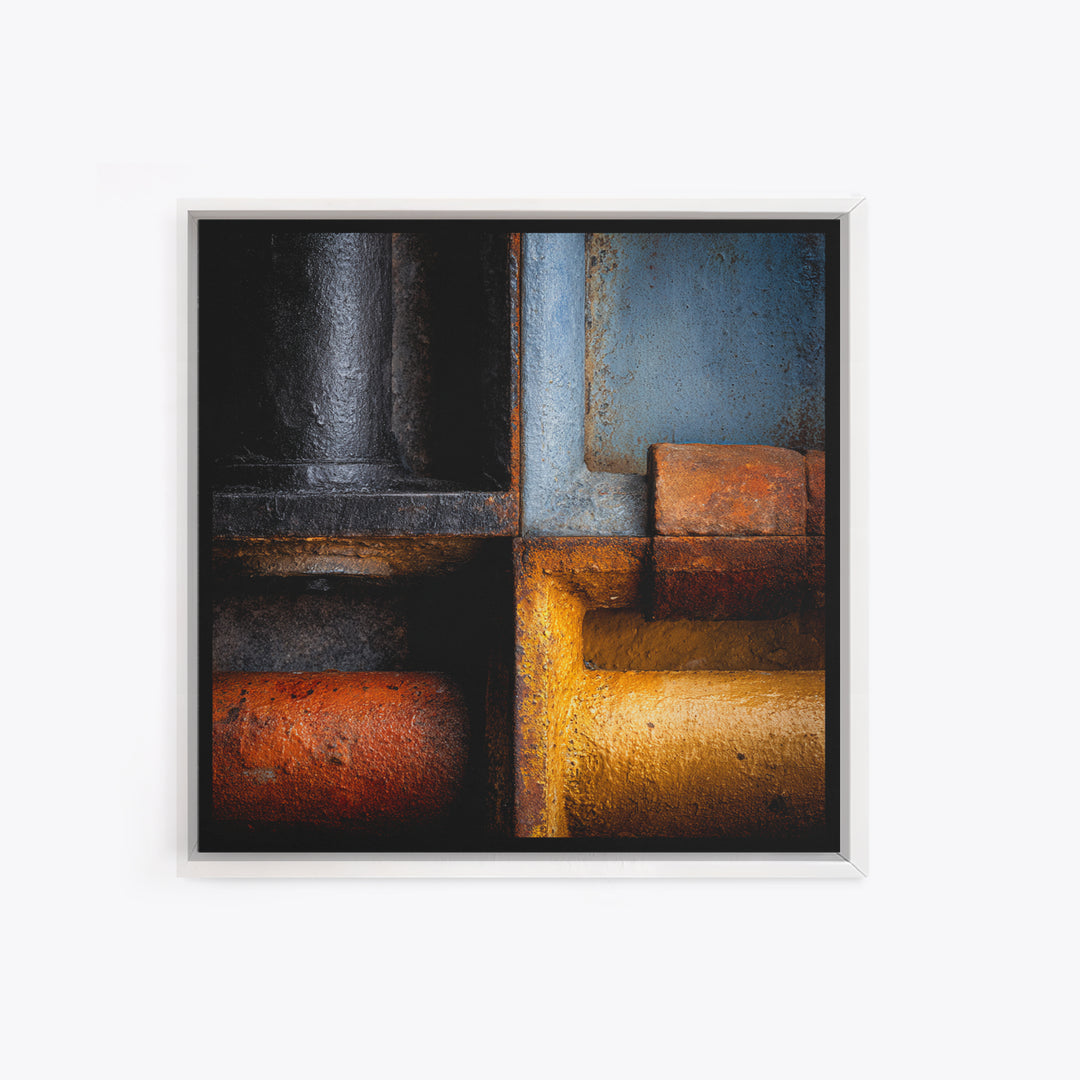 Metal Pipes and Valves as Graphic Composition Framed Canvas Print, Industrial Art, Gallery Decor, Living Room Decor, Foundry, IND-1x1-32