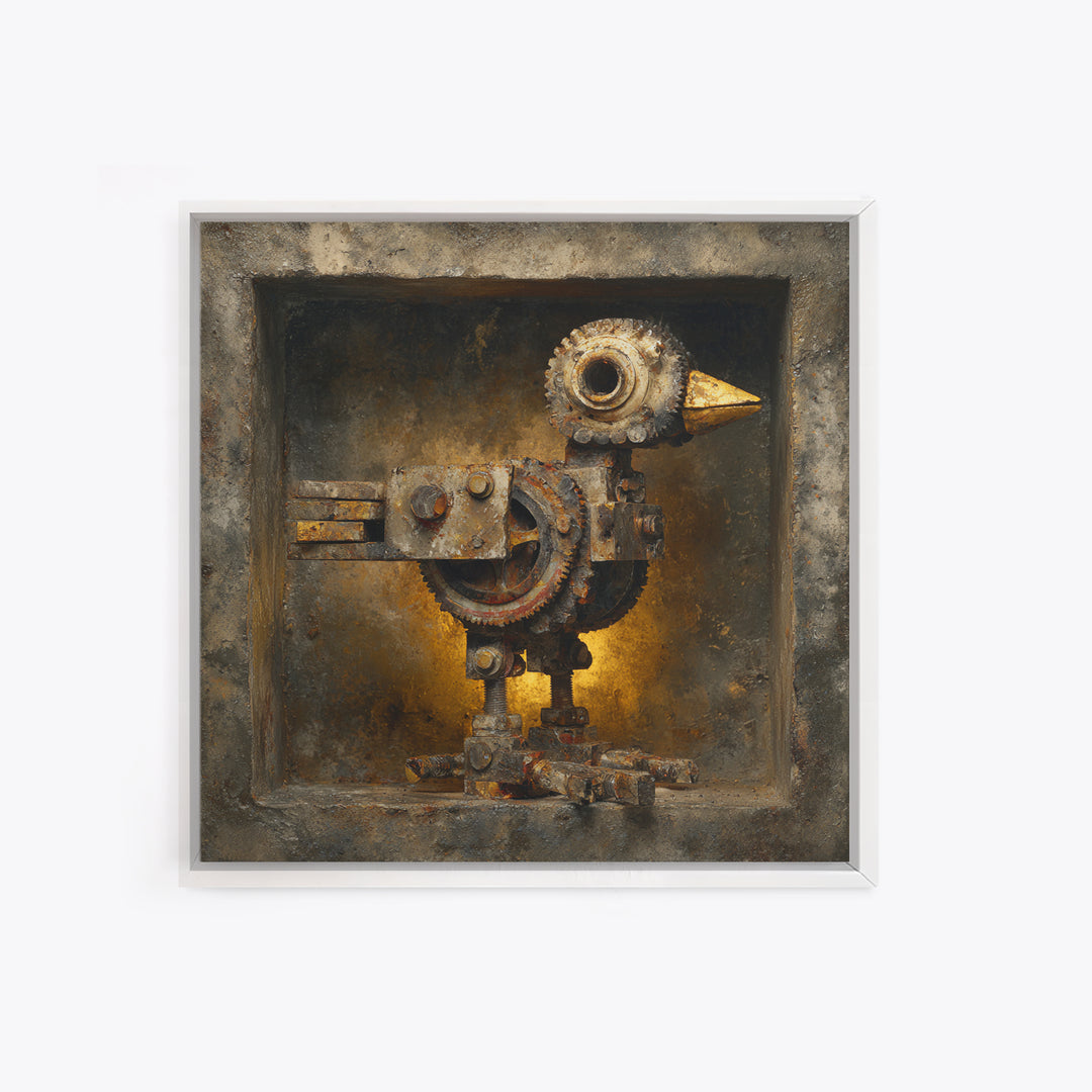 Mechanical Bird Made from Gears Framed Canvas Print, Industrial Art, Living Room Art, Living Room Decor, Oil Painting, Foundry, IND-1x1-43