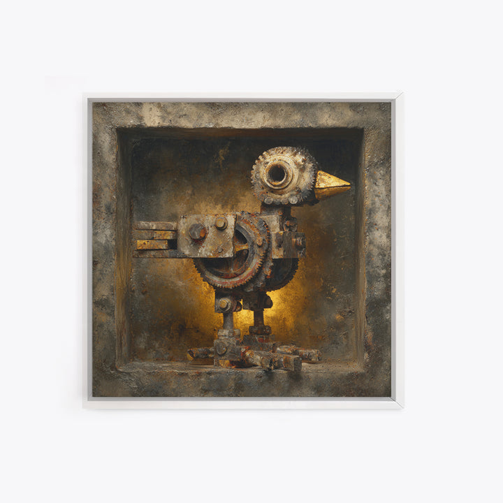 Mechanical Bird Made from Gears Framed Canvas Print, Industrial Art, Living Room Art, Living Room Decor, Oil Painting, Foundry, IND-1x1-43