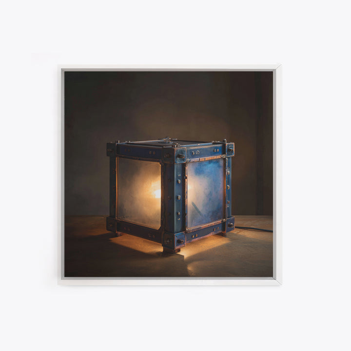 Industrial Lamp with Warm Glow Framed Canvas Print, Industrial Art, Metal Art, Living Room Decor, Foundry, Gallery Decor, IND-1x1-47