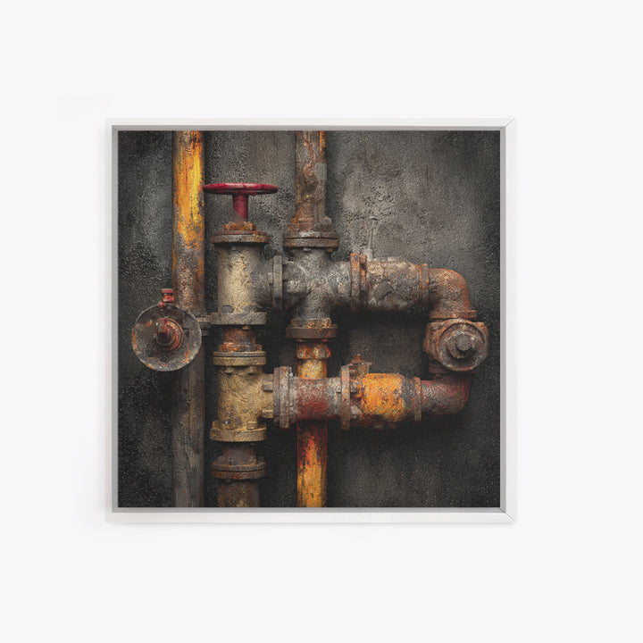 Metal Pipes and Valves as Graphic Composition Framed Canvas Print, Industrial Art, Wall Hanging, Living Room Decor, Foundry, IND-1x1-56
