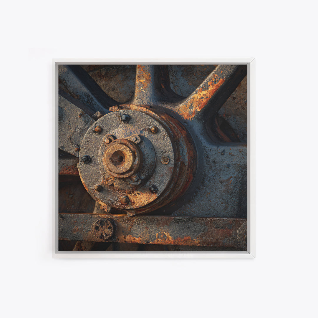 Steam Locomotive Wheel Closeup Framed Canvas Print, Industrial Art, Living Room Decor, Watercolor Art, Foundry, IND-1x1-6