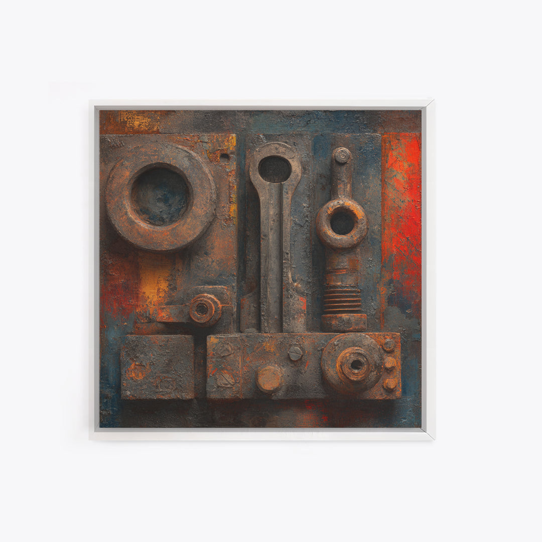 Brass Gauge and Machinery Still Life Framed Canvas Print, Industrial Art, Minimalist Decor, Living Room Decor, Oil Painting, IND-1x1-61