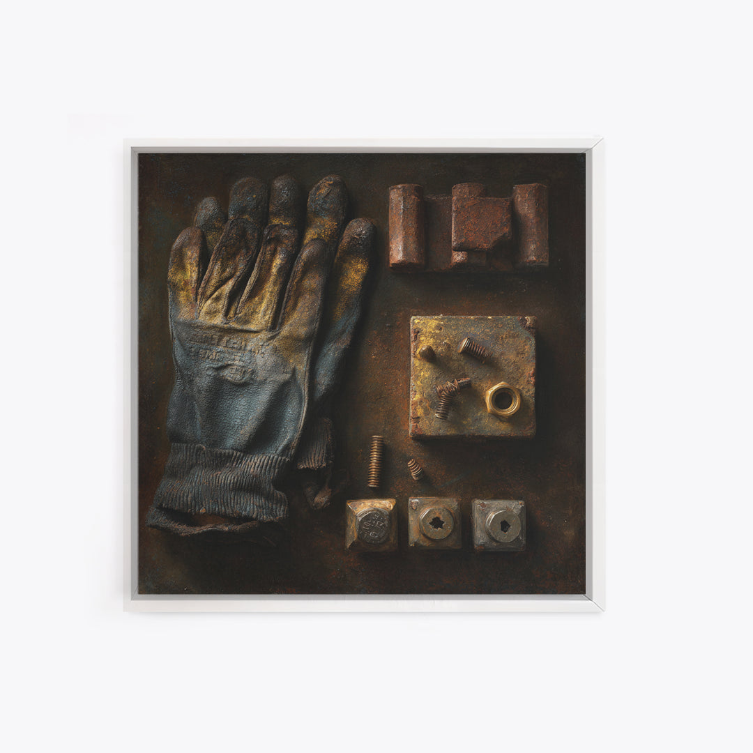 Worn Work Gloves and Bolts Arrangement Framed Canvas Print, Industrial Art, Texas Art, Living Room Decor, Abstract Art, Foundry, IND-1x1-66