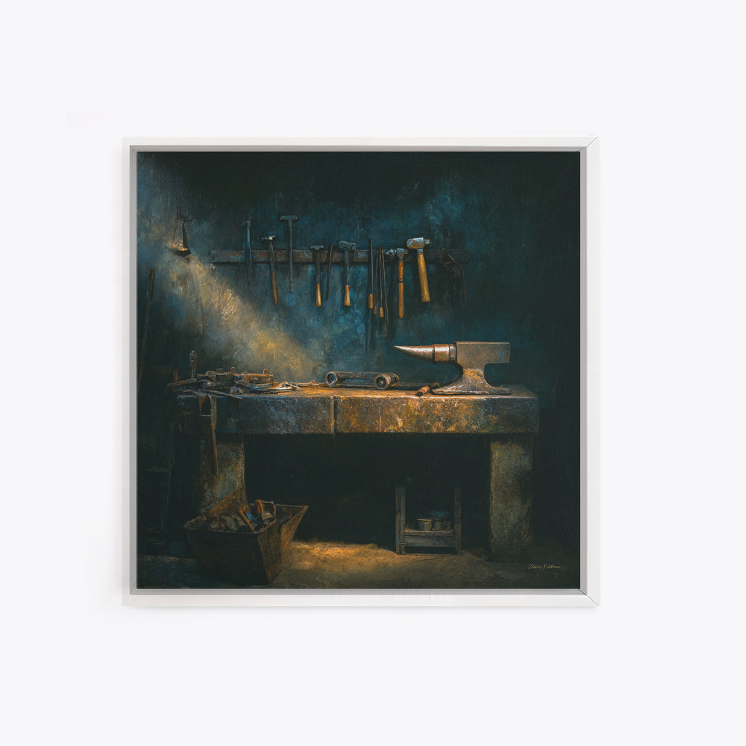 Blacksmith Tools on Dark Workbench Canvas Print, Industrial Art, Textured Painting, Living Room Decor, Oil Painting, Foundry, IND-1x1-82