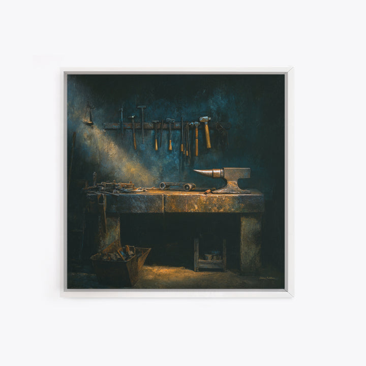 Blacksmith Tools on Dark Workbench Canvas Print, Industrial Art, Textured Painting, Living Room Decor, Oil Painting, Foundry, IND-1x1-82