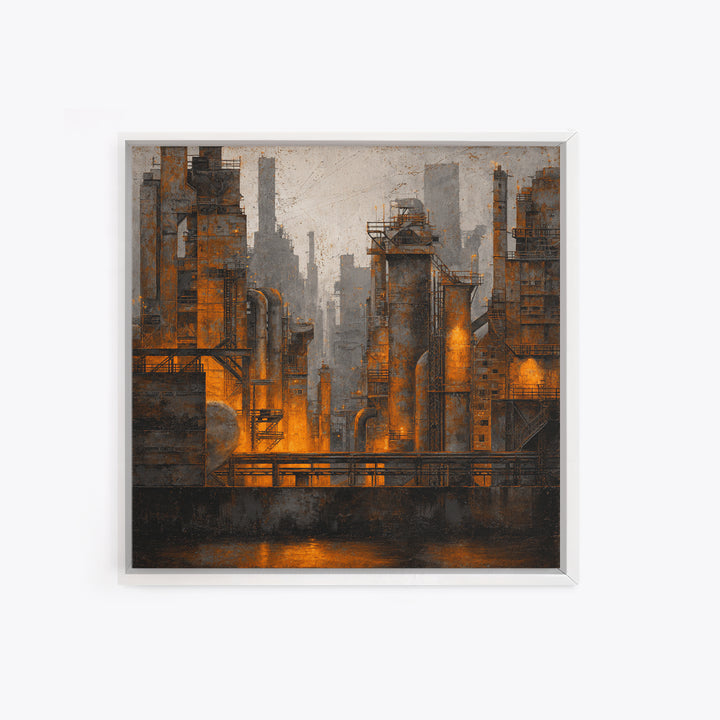 Industrial City Skyline Framed Canvas Print, Industrial Art, Bauhaus Poster, Living Room Decor, Fine Art, Foundry, IND-1x1-84