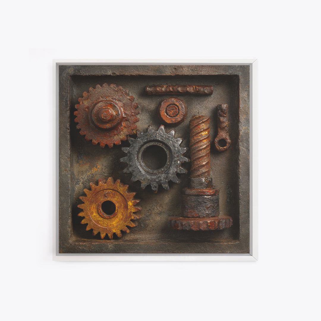 Rusted Gears Arranged as Sculptural Still Life Canvas Print, Industrial Art, Abstract Art, Living Room Decor, Oil Painting, IND-1x1-97