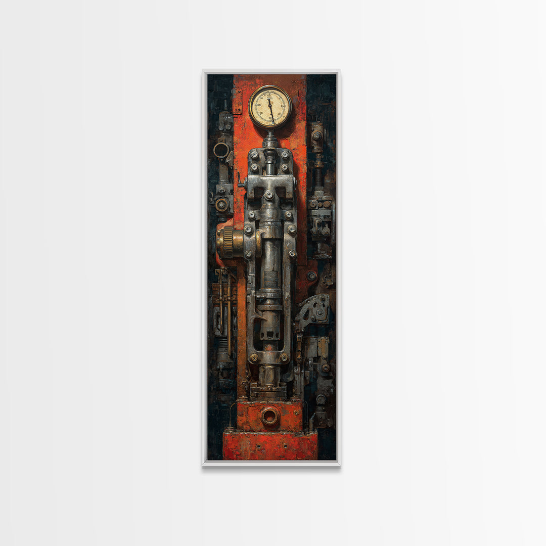 Brass Gauge and Machinery Still Life Canvas Print, Industrial Art, Textured Painting, Living Room Decor, Fine Art, Foundry, IND-1x3-49
