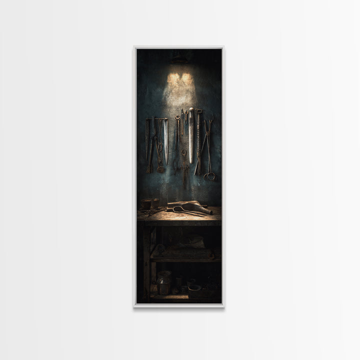 Blacksmith Tools on Dark Workbench Framed Canvas Print, Industrial Art, Luxury Decor, Living Room Decor, Fine Art, Foundry, IND-1x3-70