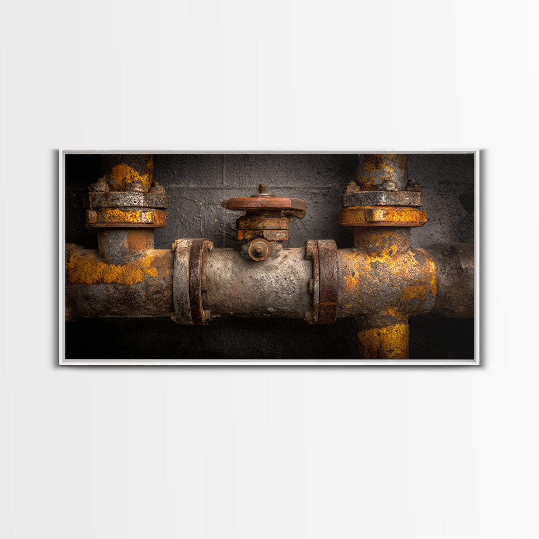 Metal Pipes and Valves as Graphic Composition Framed Canvas Print, Industrial Art, Living Room Art, Living Room Decor, Foundry, IND-2x1-100