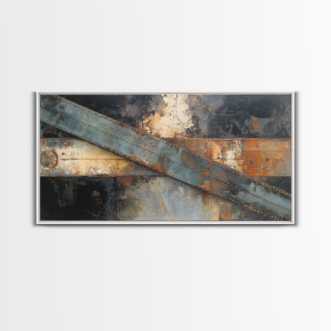 Steel Beams Crossing Like Abstract Lines Framed Canvas Print, Industrial Art, Wall Hanging, Living Room Decor, Abstract Art, IND-2x1-13