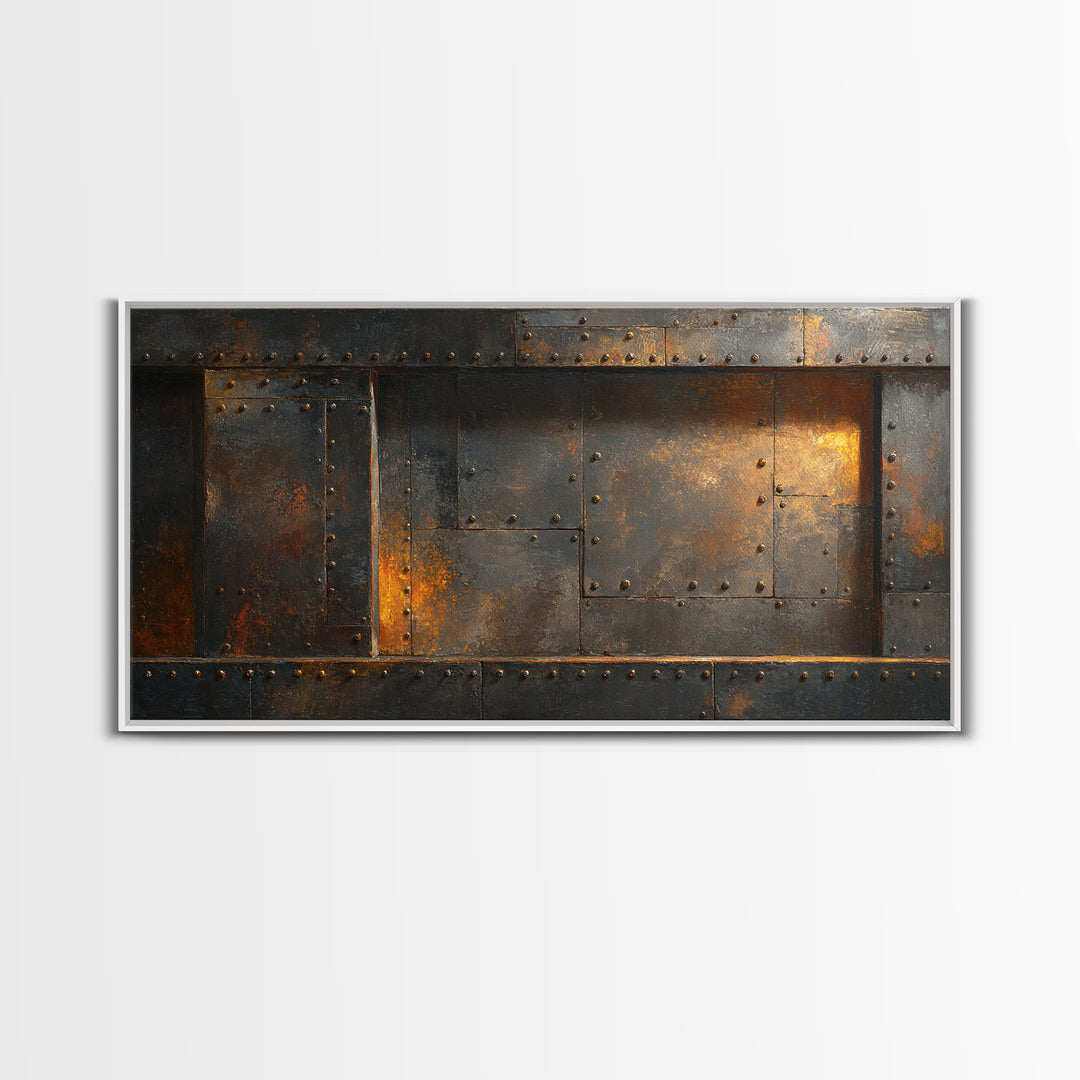 Riveted Metal Panel Texture Study Framed Canvas Print, Industrial Art, Wall Art, Living Room Decor, Fine Art, Foundry, IND-2x1-18