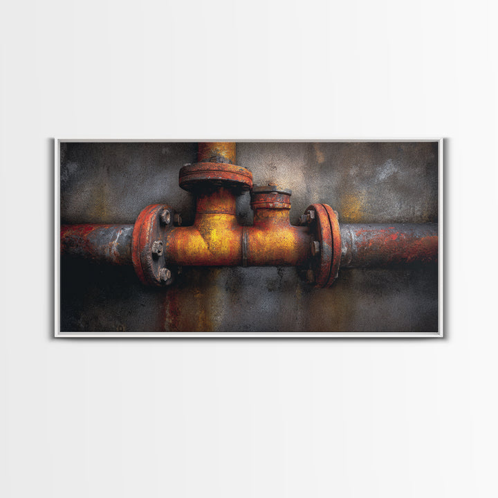 Metal Pipes and Valves as Graphic Composition Framed Canvas Print, Industrial Art, Wall Art, Living Room Decor, Foundry, IND-2x1-28