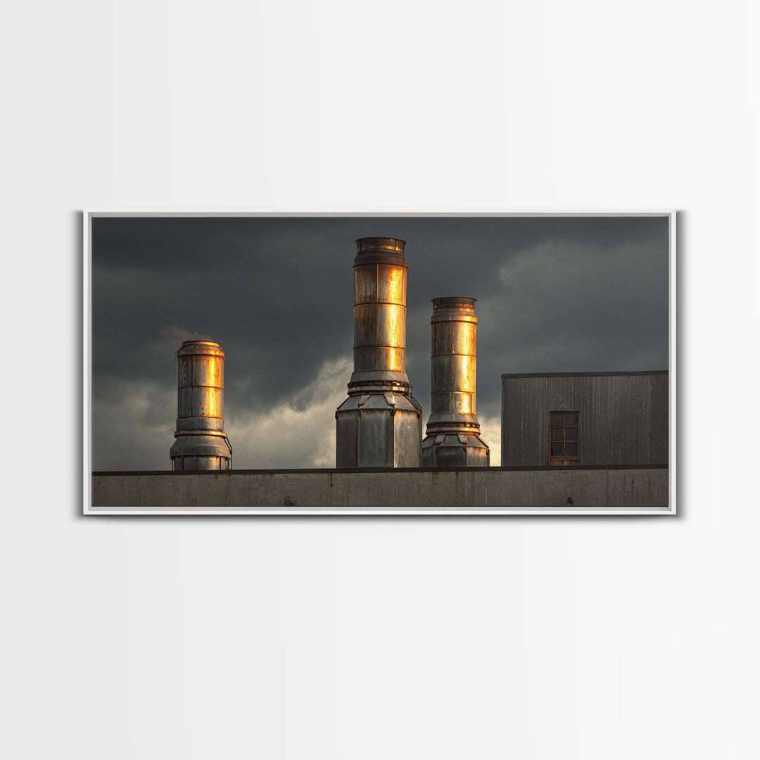 Factory Smokestacks with Moody Sky Canvas Print, Industrial Art, Abstract Art, Living Room Decor, Foundry, Bauhaus Poster, IND-2x1-31