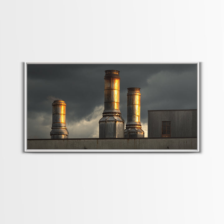 Factory Smokestacks with Moody Sky Canvas Print, Industrial Art, Abstract Art, Living Room Decor, Foundry, Bauhaus Poster, IND-2x1-31
