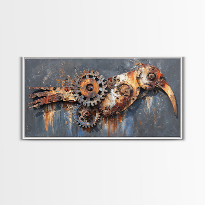 Mechanical Bird Made from Gears Canvas Print, Industrial Art, Original Painting, Living Room Decor, Oil Painting, Foundry, IND-2x1-39