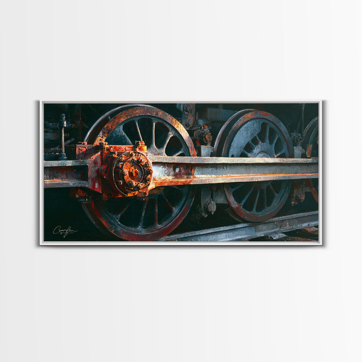 Steam Locomotive Wheel Closeup Framed Canvas Print, Industrial Art, Art Print, Living Room Decor, Fine Art, Foundry, Modern Art, IND-2x1-50