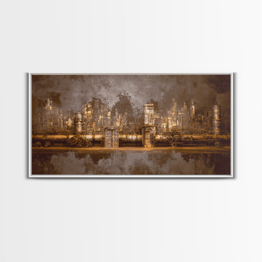 Industrial City Skyline Framed Canvas Print, Industrial Art, Living Room Decor, Abstract Art, Foundry, Abstract Painting, IND-2x1-56
