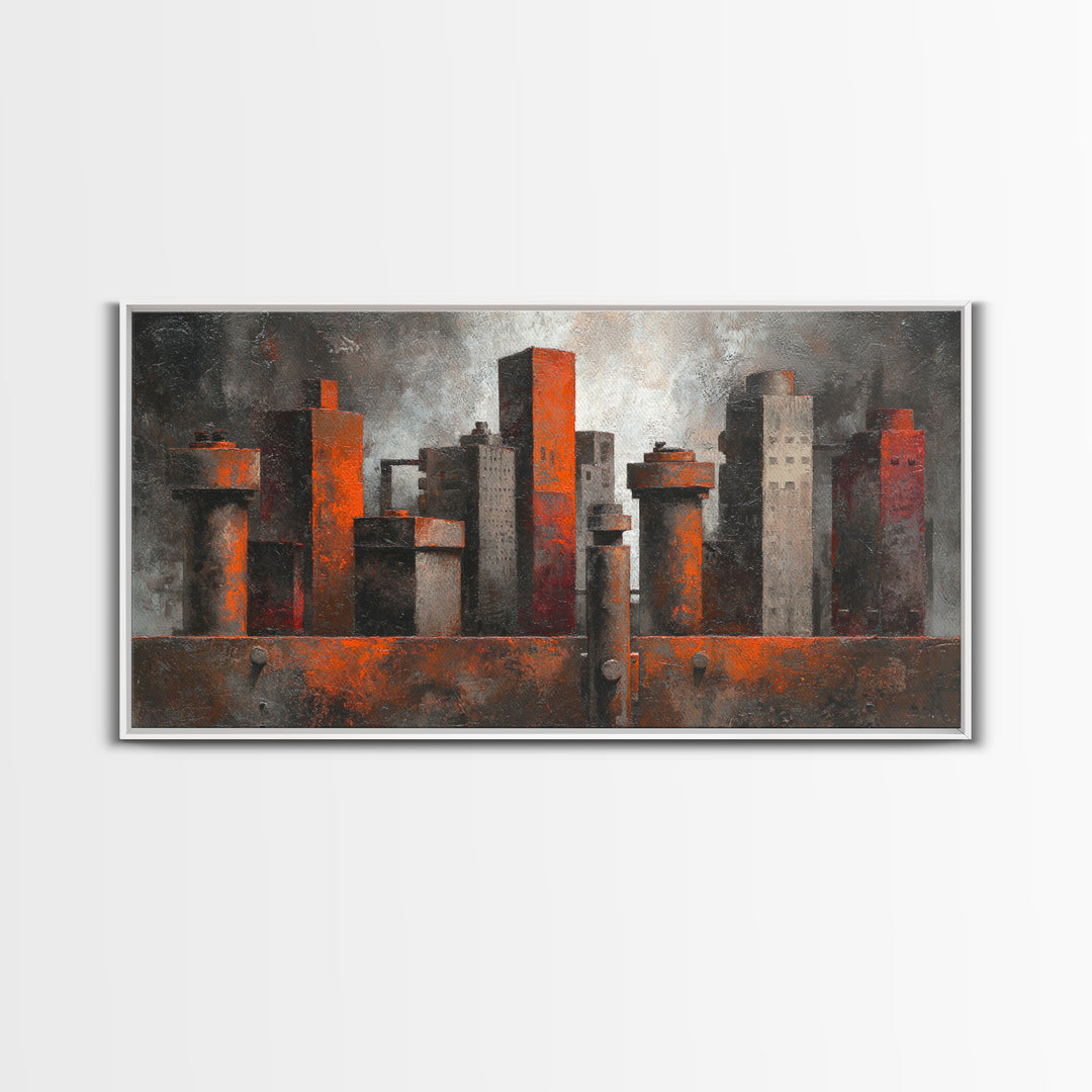 Industrial City Skyline Framed Canvas Print, Industrial Art, Luxury Decor, Living Room Decor, Abstract Art, Foundry, Art Print, IND-2x1-8