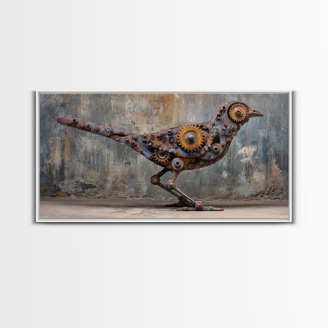 Mechanical Bird Made from Gears Framed Canvas Print, Industrial Art, Contemporary Art, Living Room Decor, Fine Art, Foundry, IND-2x1-87