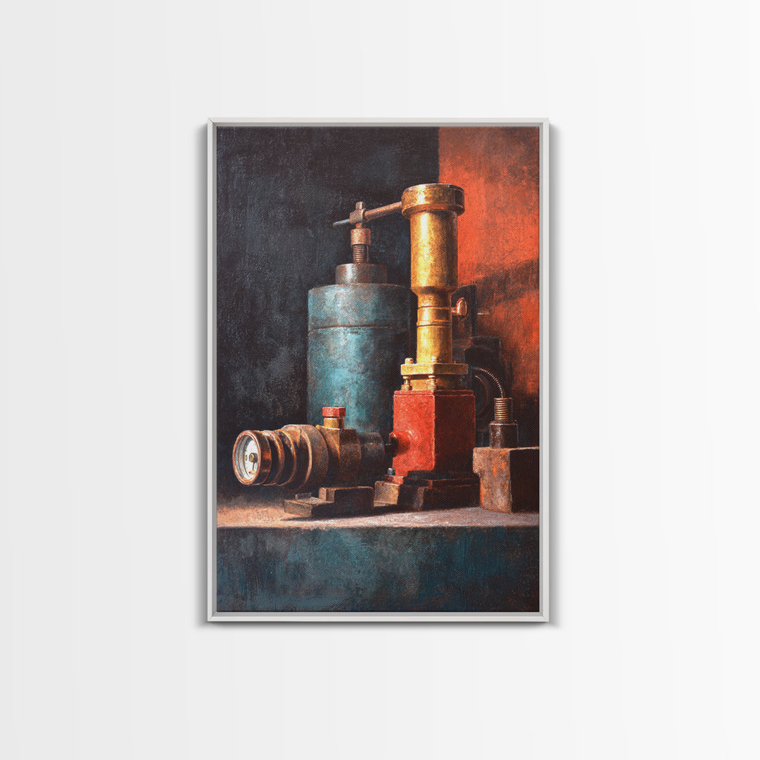 Brass Gauge and Machinery Still Life Framed Canvas Print, Industrial Art, Textured Wall Art, Living Room Decor, Oil Painting, IND-2x3-21