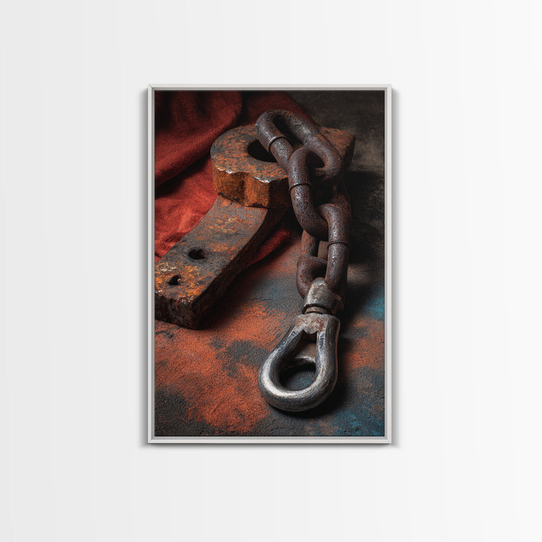 Chain and Hook Still Life Framed Canvas Print, Industrial Art, Minimalist Decor, Living Room Decor, Fine Art, Foundry, IND-2x3-24