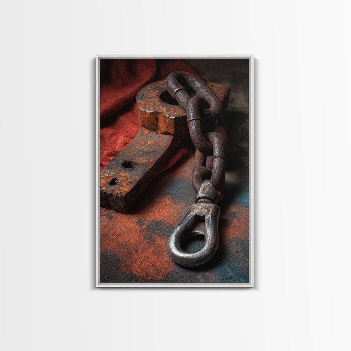 Chain and Hook Still Life Framed Canvas Print, Industrial Art, Minimalist Decor, Living Room Decor, Fine Art, Foundry, IND-2x3-24