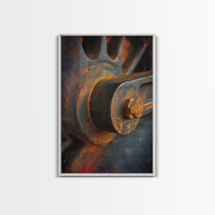 Steam Locomotive Wheel Closeup Framed Canvas Print, Industrial Art, Wall Hanging, Living Room Decor, Fine Art, Foundry, IND-2x3-38