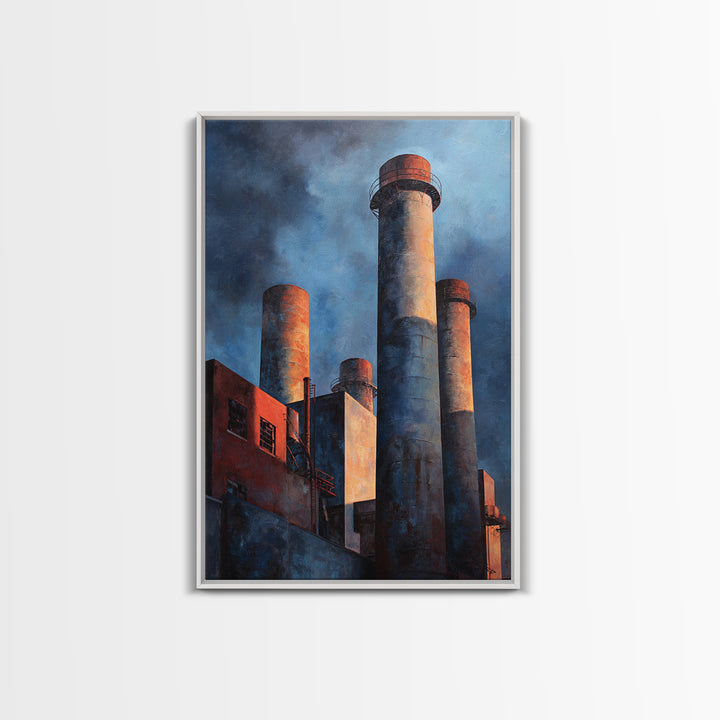 Factory Smokestacks with Moody Sky Framed Canvas Print, Industrial Art, Large Art, Living Room Decor, Fine Art, Foundry, IND-2x3-43