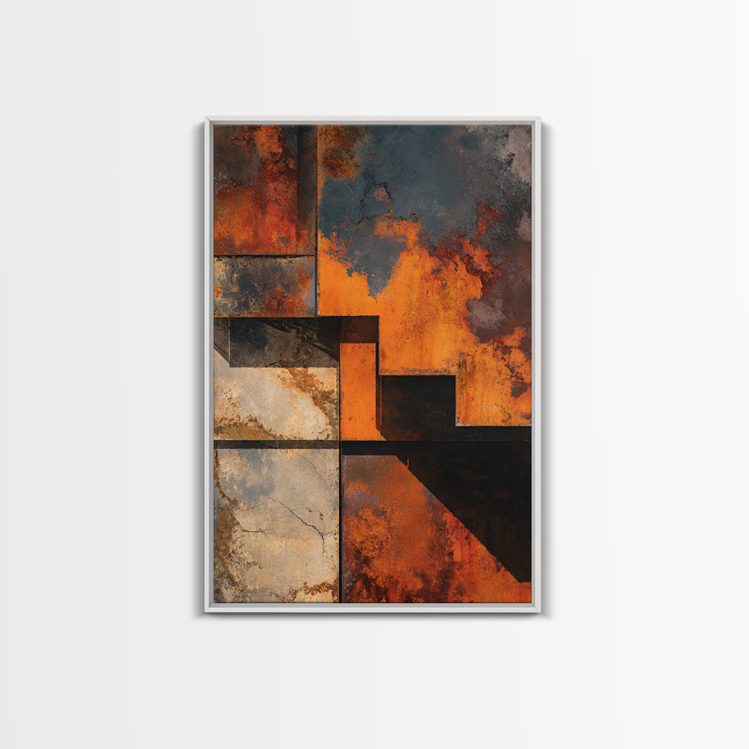 Rust Orange and Charcoal Geometric Abstraction Framed Canvas Print, Industrial Art, Art Print, Living Room Decor, Foundry, IND-2x3-46