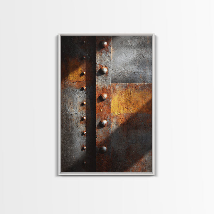 Riveted Metal Panel Texture Study Framed Canvas Print, Industrial Art, Wall Decor, Living Room Decor, Fine Art, Foundry, IND-2x3-6