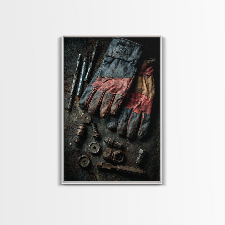 Worn Work Gloves and Bolts Arrangement Canvas Print, Industrial Art, Textured Wall Art, Living Room Decor, Foundry, IND-2x3-74