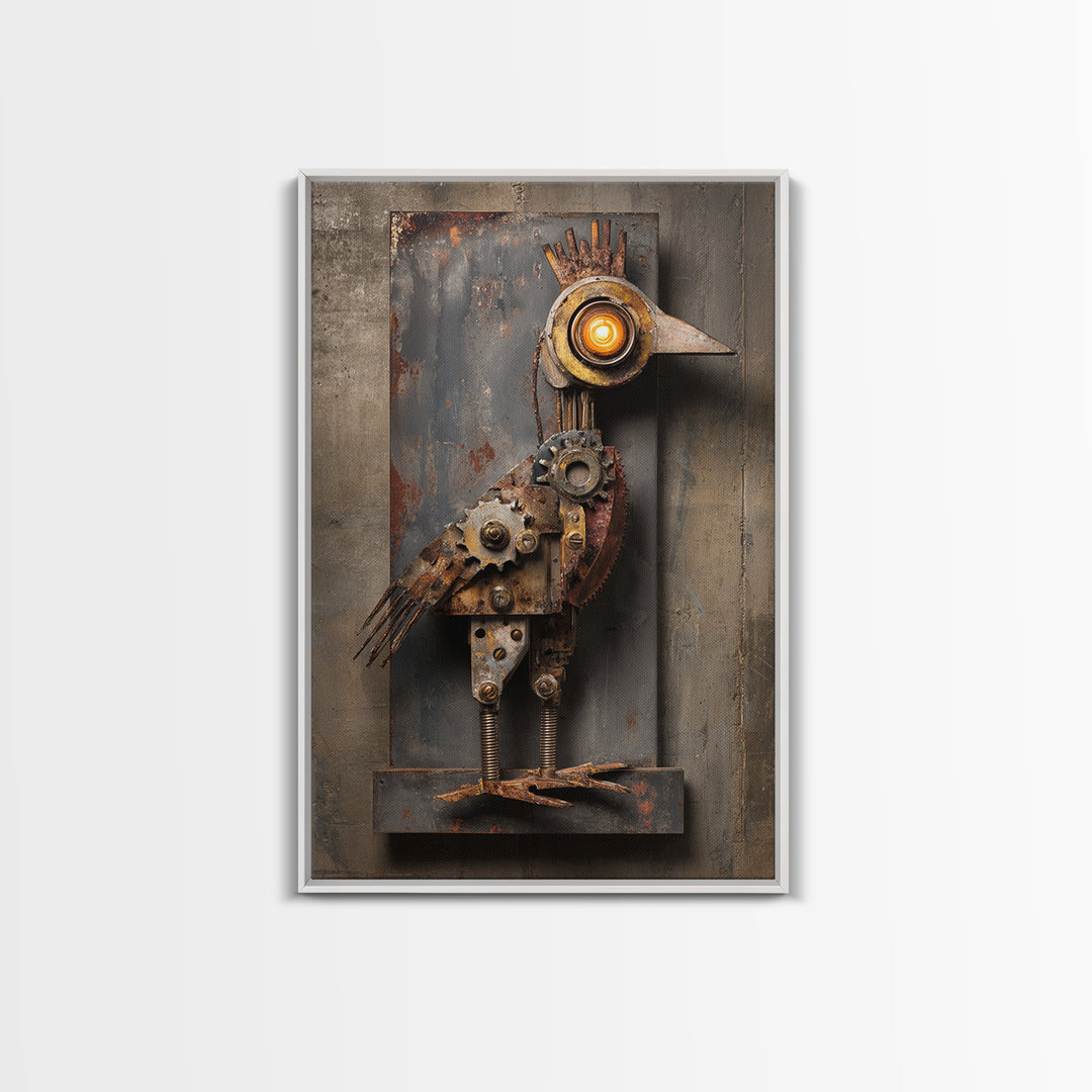 Mechanical Bird Made from Gears Framed Canvas Print, Industrial Art, Texas Art, Living Room Decor, Fine Art, Foundry, IND-2x3-75