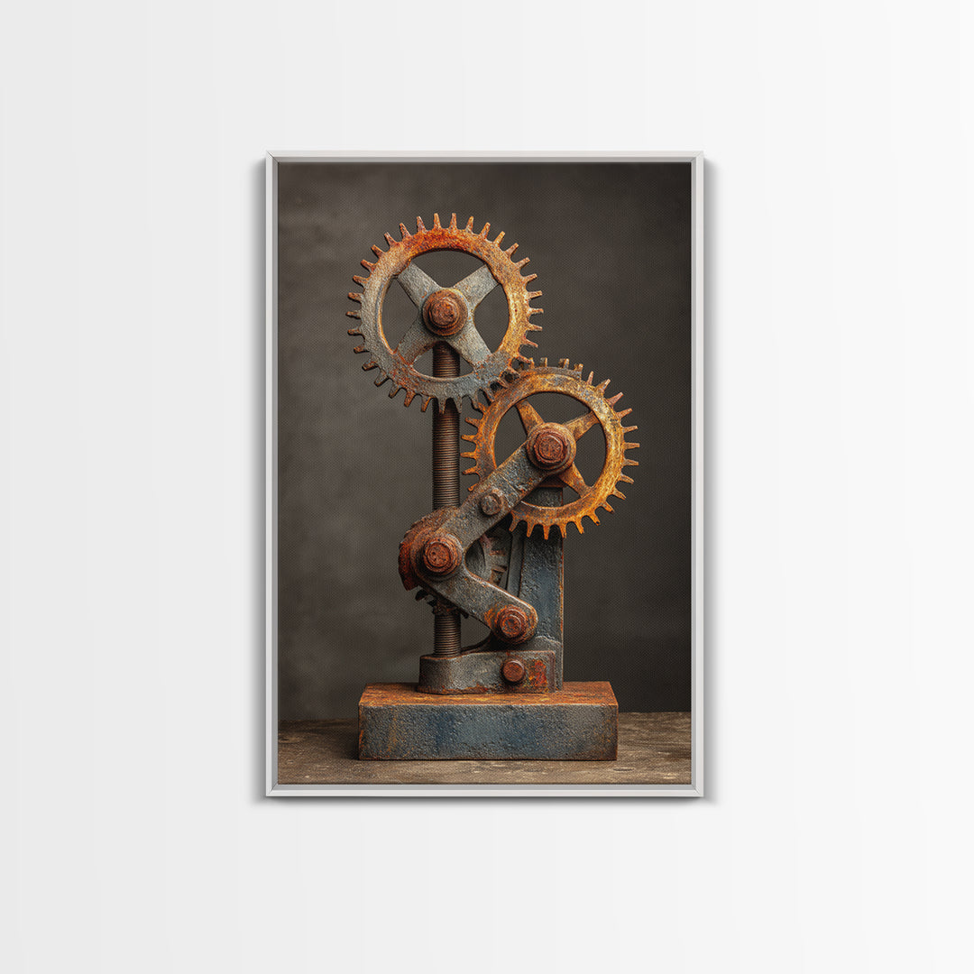 Rusted Gears Arranged as Sculptural Still Life Canvas Print, Industrial Art, Black and White Art, Living Room Decor, Foundry, IND-2x3-81
