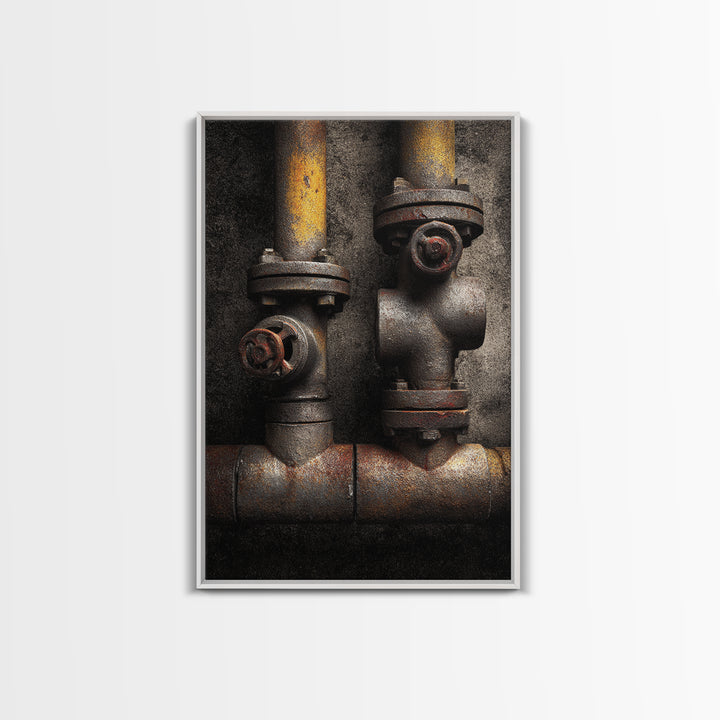 Metal Pipes and Valves as Graphic Composition Framed Canvas Print, Industrial Art, Bauhaus Poster, Living Room Decor, Foundry, IND-2x3-88