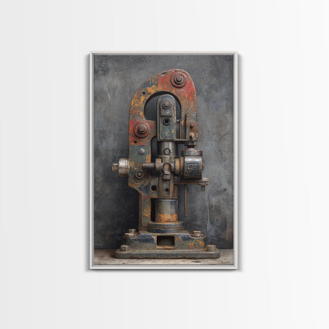 Brass Gauge and Machinery Still Life Framed Canvas Print, Industrial Art, Bauhaus Poster, Living Room Decor, Fine Art, Foundry, IND-2x3-93