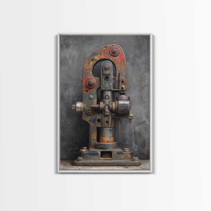 Brass Gauge and Machinery Still Life Framed Canvas Print, Industrial Art, Bauhaus Poster, Living Room Decor, Fine Art, Foundry, IND-2x3-93