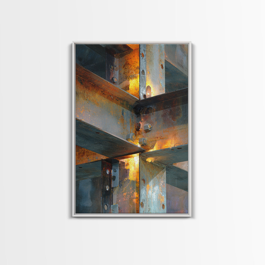 Steel Beams Crossing Like Abstract Lines Framed Canvas Print, Industrial Art, Living Room Decor, Abstract Art, Foundry, IND-2x3-97