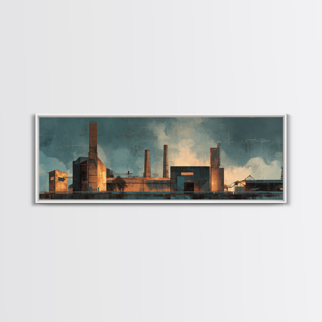 Factory Smokestacks with Moody Sky Framed Canvas Print, Industrial Art, Wall Hanging, Living Room Decor, Fine Art, Foundry, IND-3x1-51
