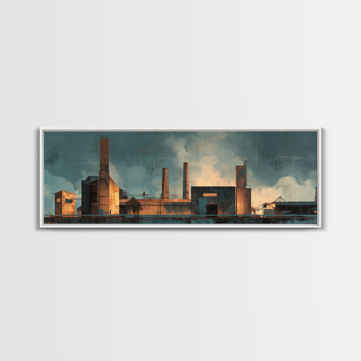 Factory Smokestacks with Moody Sky Framed Canvas Print, Industrial Art, Wall Hanging, Living Room Decor, Fine Art, Foundry, IND-3x1-51