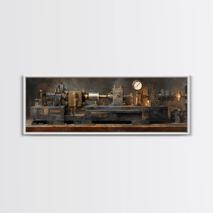 Brass Gauge and Machinery Still Life Framed Canvas Print, Industrial Art, Fine Art Print, Living Room Decor, Fine Art, Foundry, IND-3x1-53