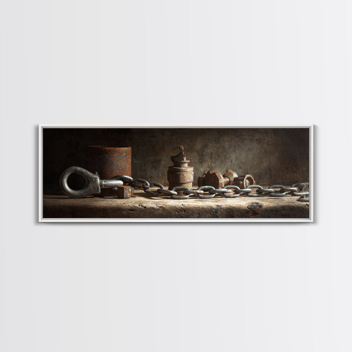 Chain and Hook Still Life Framed Canvas Print, Industrial Art, Wall Art, Living Room Decor, Fine Art, Foundry, Original Art, IND-3x1-56