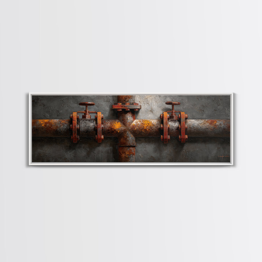 Metal Pipes and Valves as Graphic Composition Framed Canvas Print, Industrial Art, Wall Decor, Living Room Decor, Foundry, IND-3x1-72