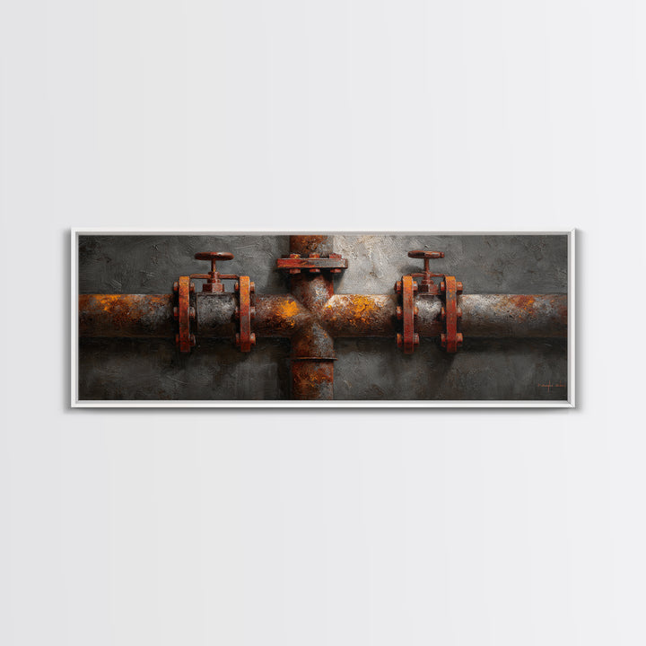 Metal Pipes and Valves as Graphic Composition Framed Canvas Print, Industrial Art, Wall Decor, Living Room Decor, Foundry, IND-3x1-72